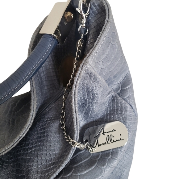 Anna Morellini Gray Leather Shopper Bag Snakeskin Embossed Chunky Hardwa… - Picture 7 of 14